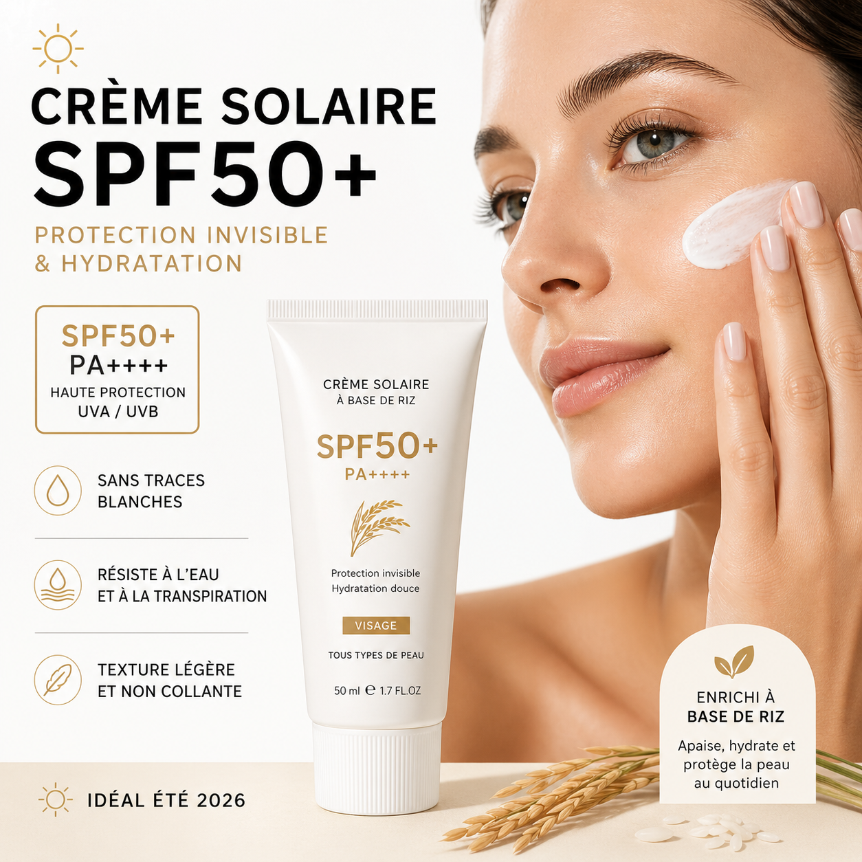 Crème Solaire SPF50+ RiceGlow – Protection Invisible & Hydratation Intense